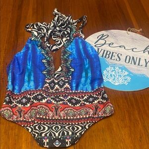 VENUS Blue and Red Patterned Sexy One Piece Swimsuit